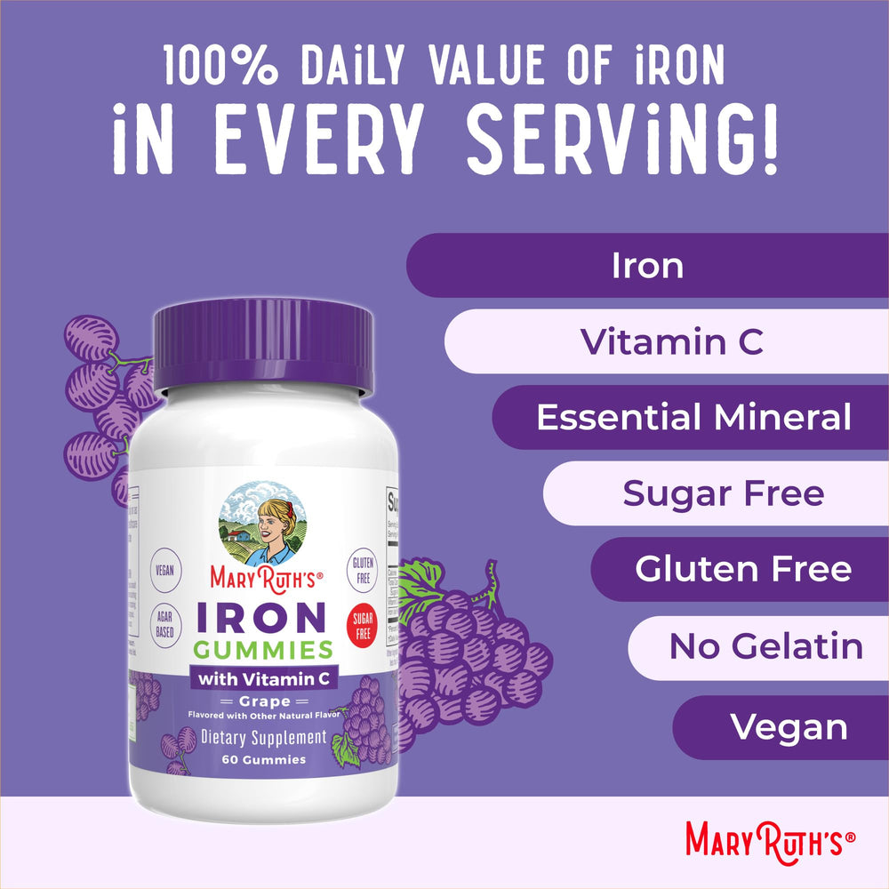 MaryRuth Organics Iron Gummies non-GMO badge communicates quality