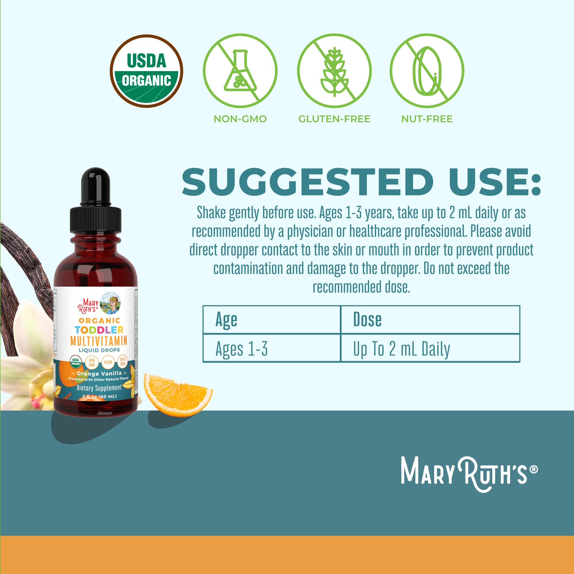 MaryRuth Organics iron toddler multivitamin ingredient panel highlights key minerals