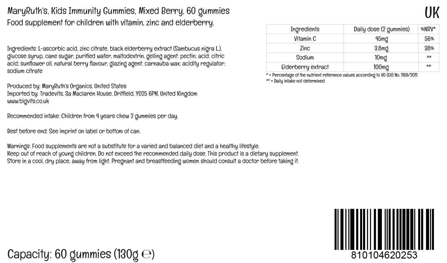 MaryRuth Organics Kids Immune gummies berry flavor, gluten-free and allergy-friendly.