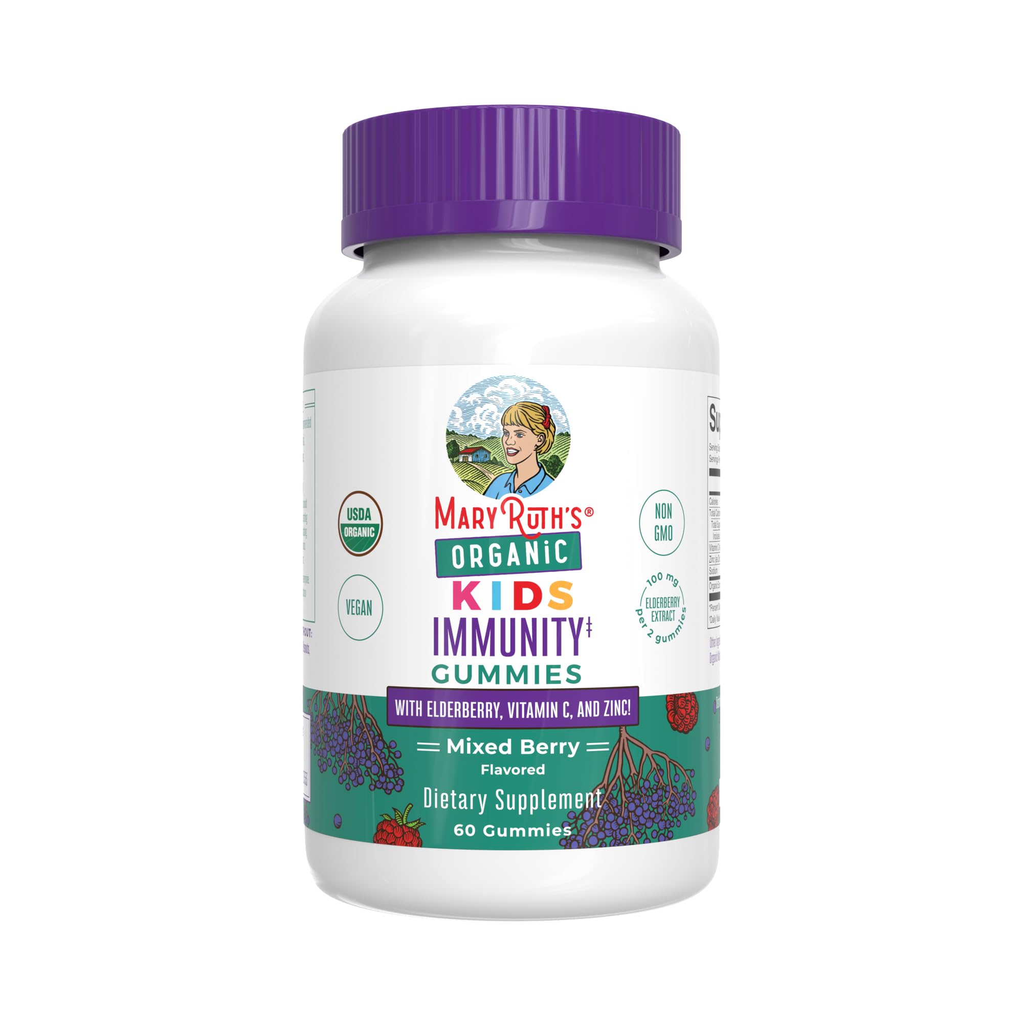 MaryRuth Organics Kids Immune Support gummies bottle front, berry flavor, convenient daily immune boost.