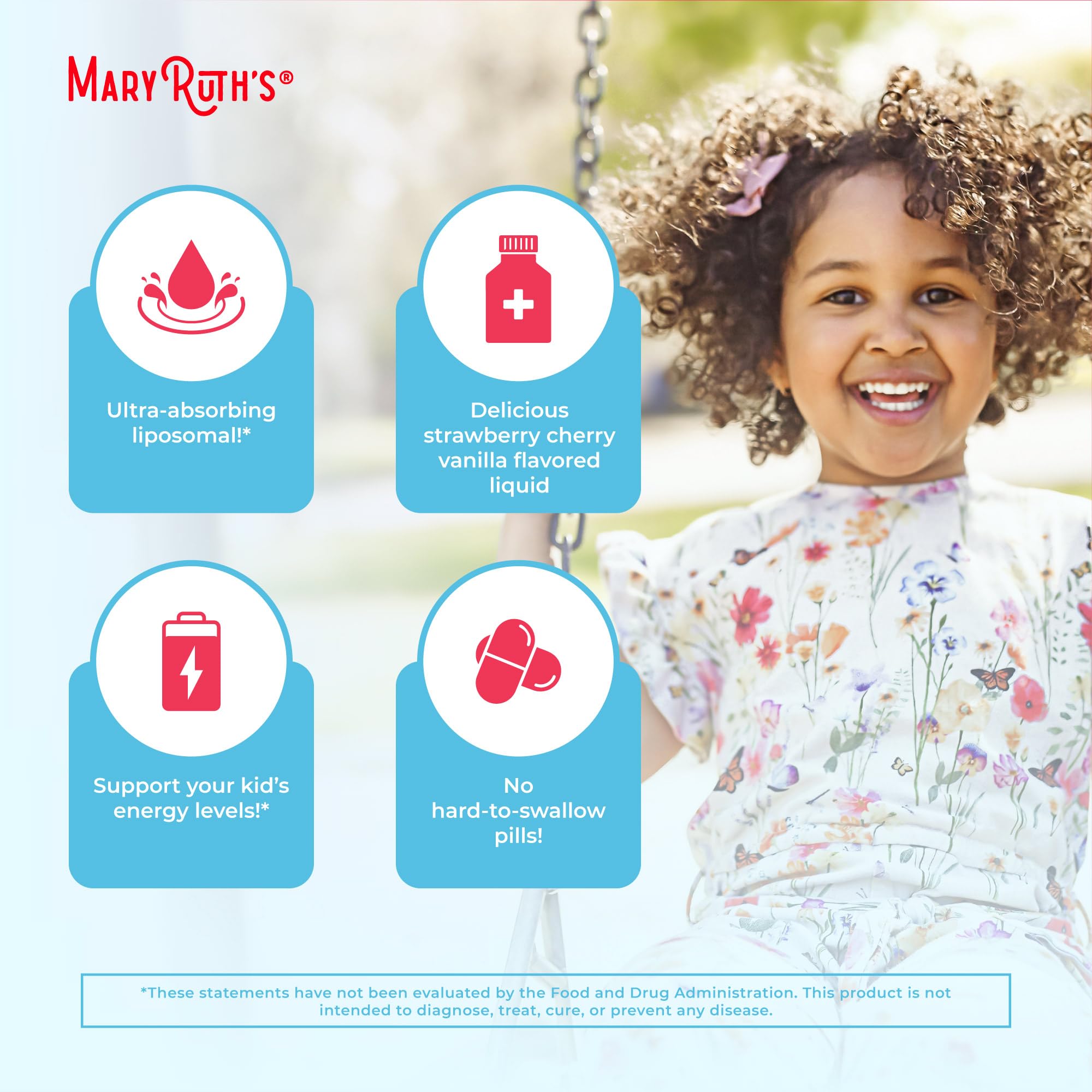 MaryRuth Organics Kids Multivitamin Allergen icons emphasize dairy-free, gluten-free, soy-free options.