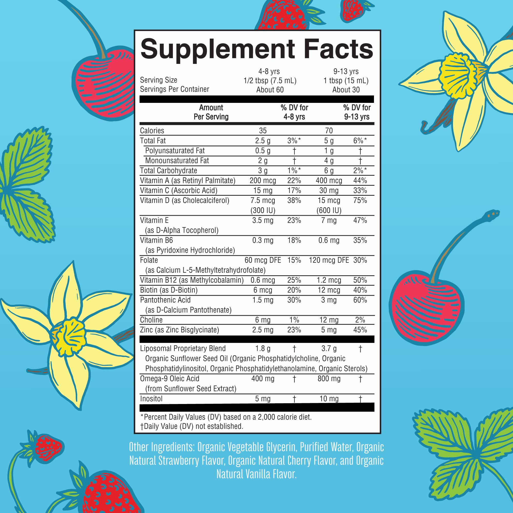 MaryRuth Organics Kids Multivitamin Liposomal flavors display Strawberry Cherry Vanilla for picky eaters.