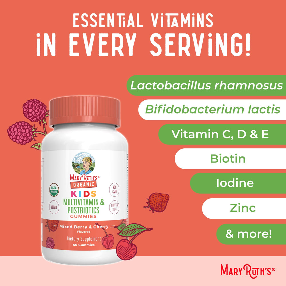 MaryRuth Organics Kids Multivitamin gummies shown as dairy-free and gluten-free