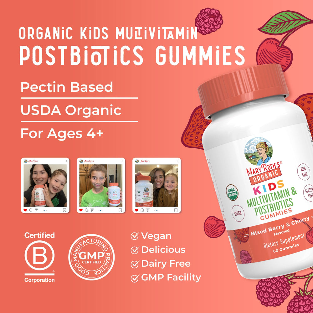 MaryRuth Organics ingredients panel detailing vitamin and postbiotic blend