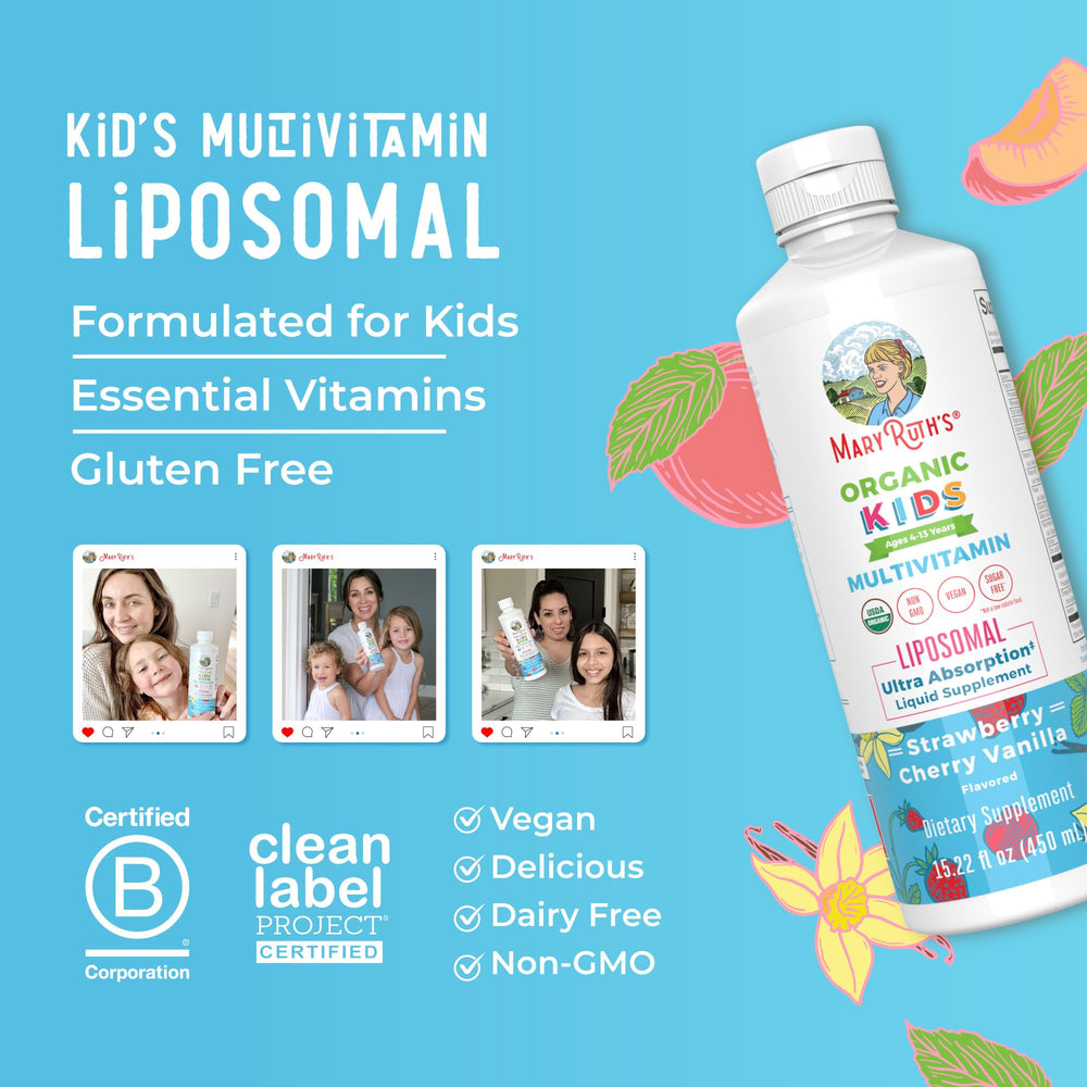MaryRuth Organics Kids Multivitamin Liposomal illustration hints at enhanced absorption.