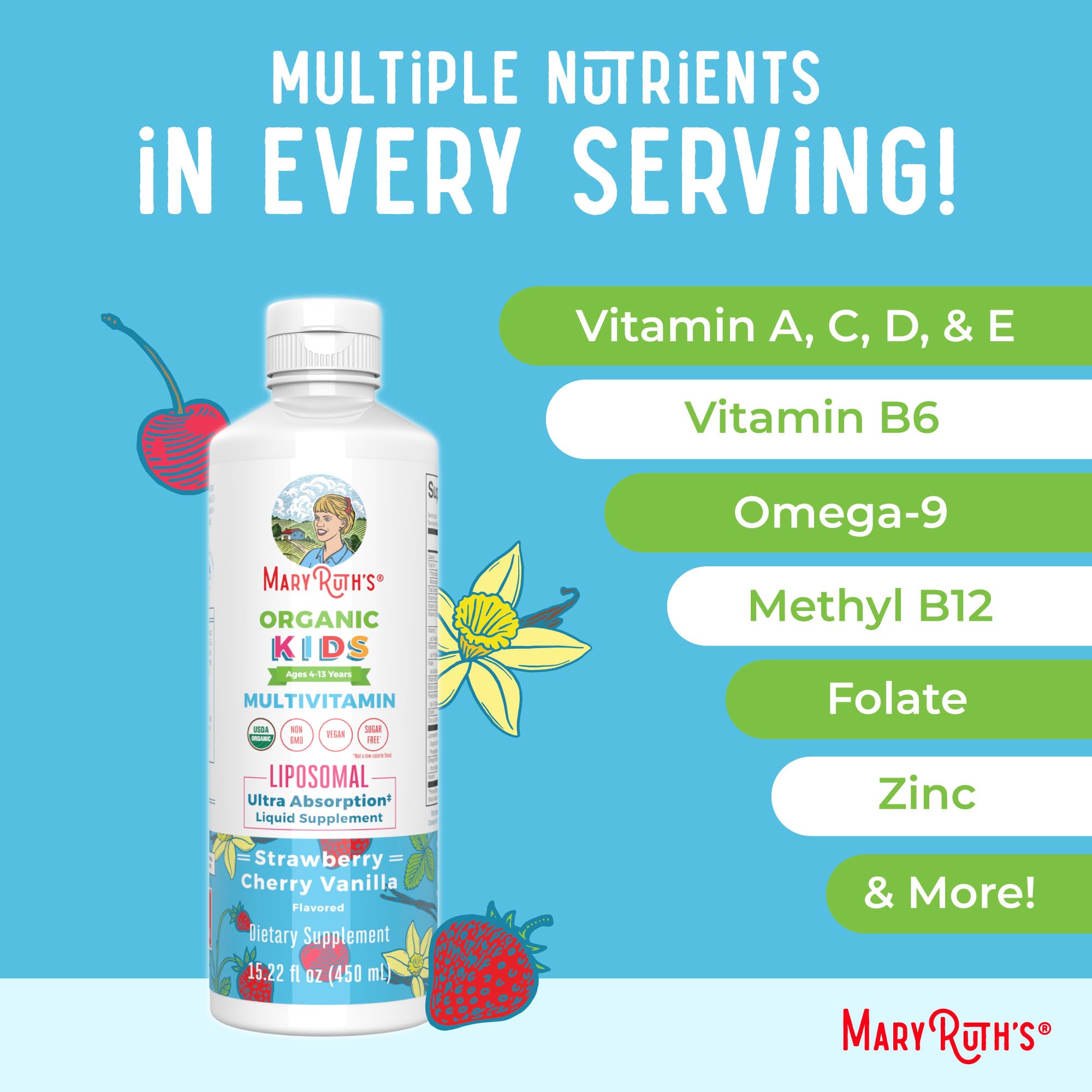 MaryRuth Organics Kids Multivitamin Nutrition chart features vitamins A C D3 and zinc.
