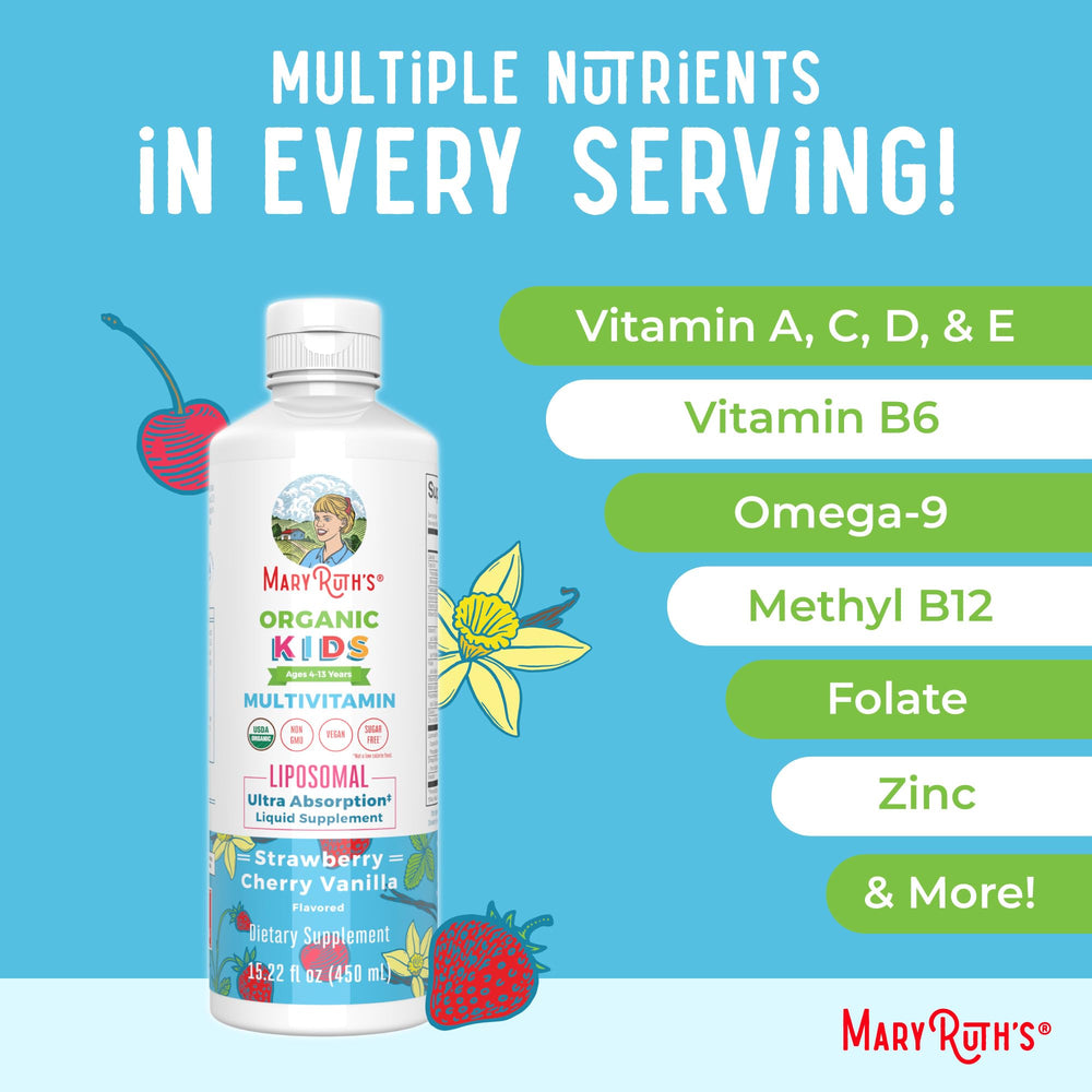 MaryRuth Organics Kids Multivitamin Nutrition chart features vitamins A C D3 and zinc.