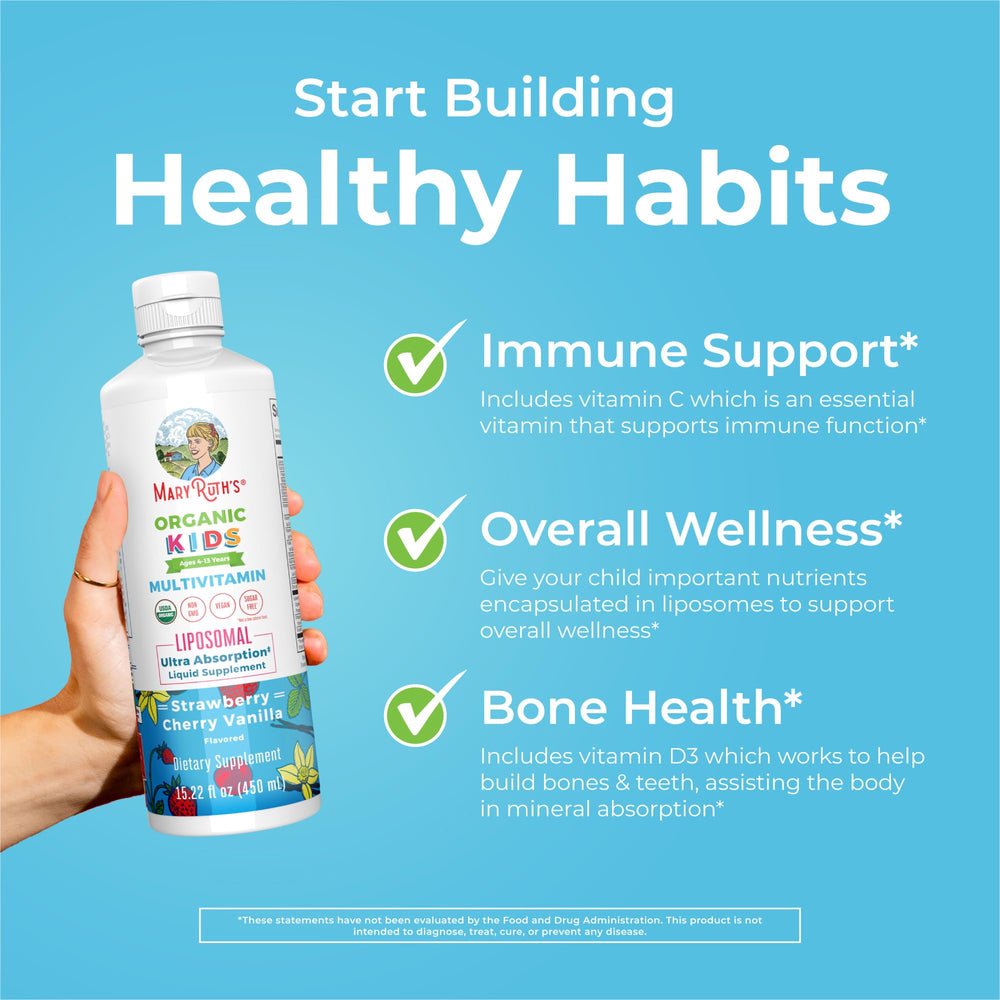 MaryRuth Organics Kids Multivitamin Packaging highlights 2 month supply and certifications.