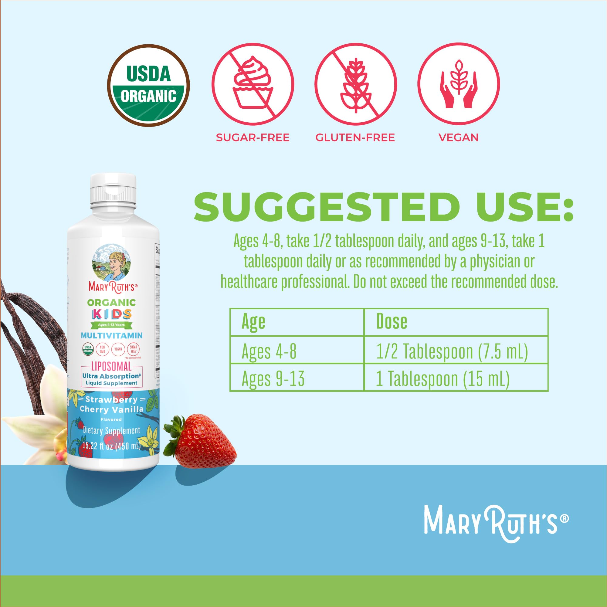 MaryRuth Organics Kids Multivitamin Liposomal serving scoop supports easy daily use.