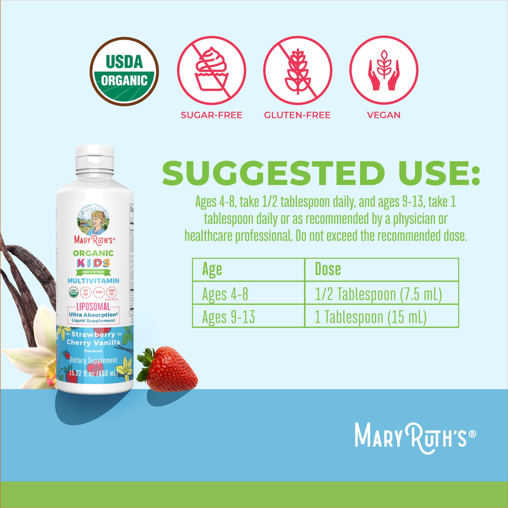 MaryRuth Organics Kids Multivitamin Liposomal serving scoop supports easy daily use.