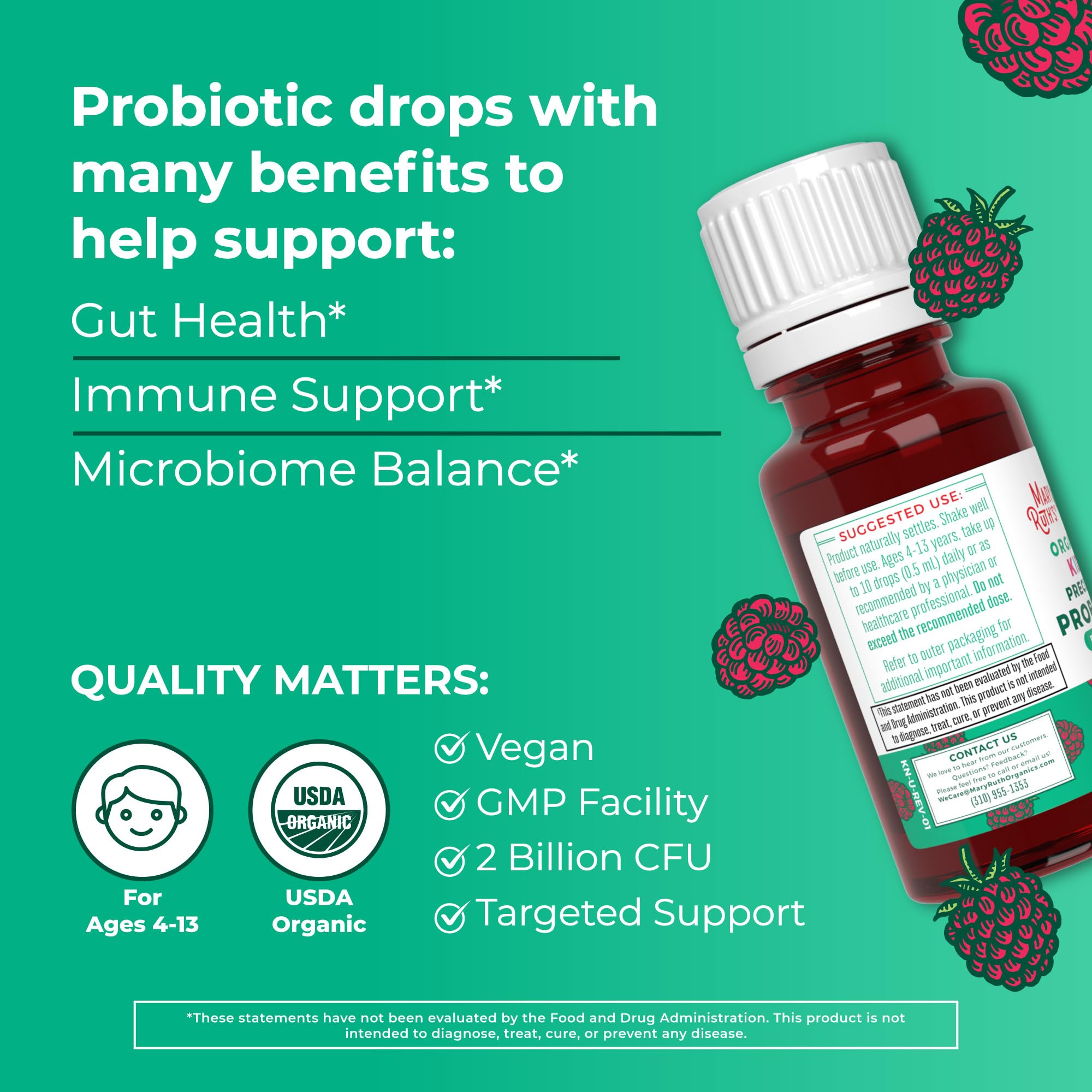 MaryRuth Organics Kids Probiotic Drops label with organic and vegan credentials.