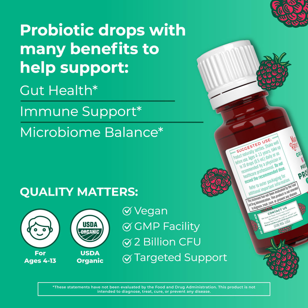 MaryRuth Organics Kids Probiotic Drops label with organic and vegan credentials.