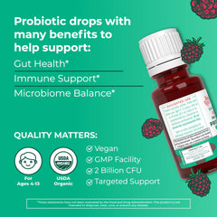 MaryRuth Organics Kids Probiotic Drops label with organic and vegan credentials.