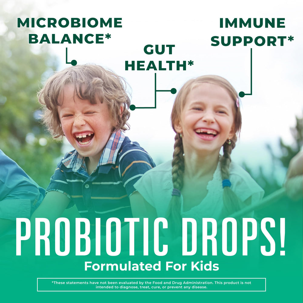 MaryRuth Organics Kids Probiotic Drops pour shows convenient dosing.