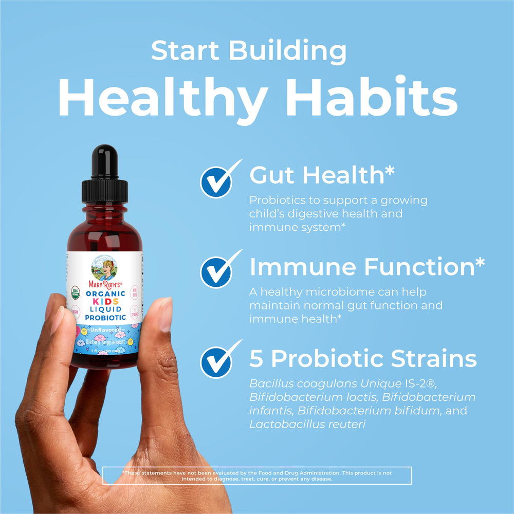 MaryRuth Organics Kids Probiotic Drops measuring drop for exact 2 mL dose