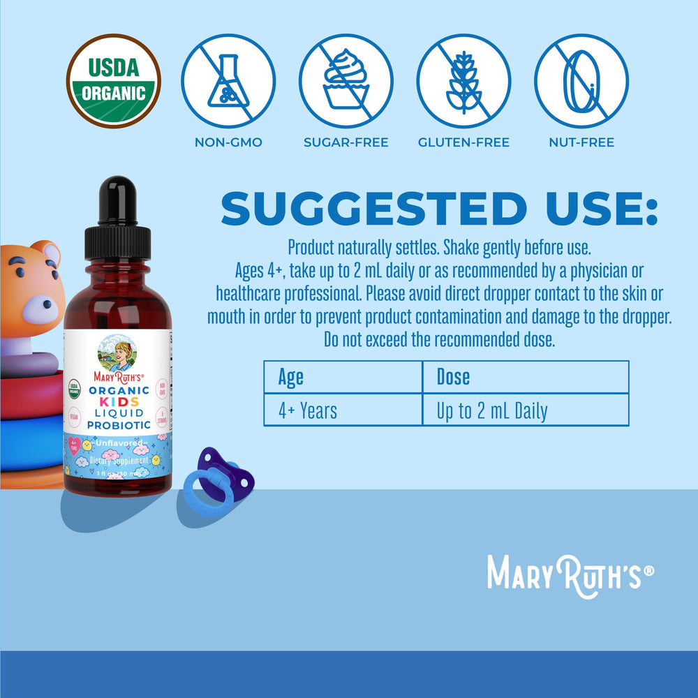 MaryRuth Organics Kids Probiotic Drops label highlighting organic vegan formula