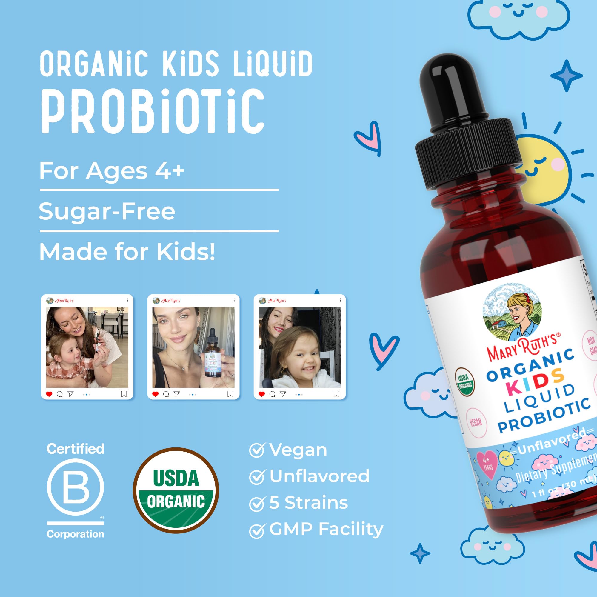 MaryRuth Organics Kids Probiotic Drops packaging on a store shelf
