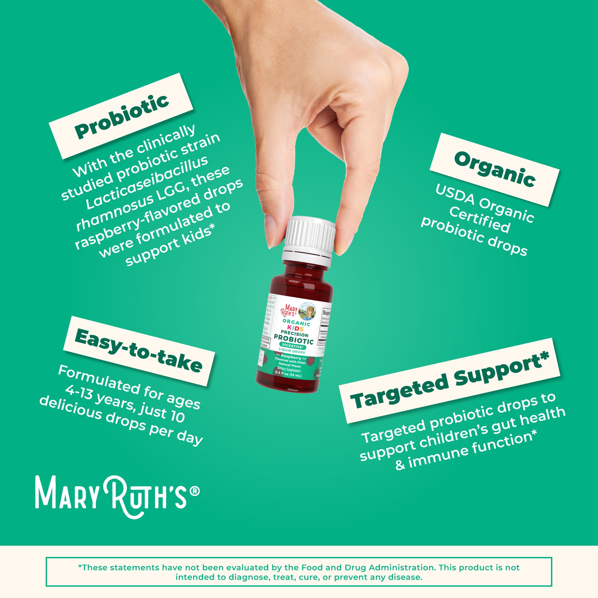MaryRuth Organics Kids Probiotic usage tips with bottle and dropper.