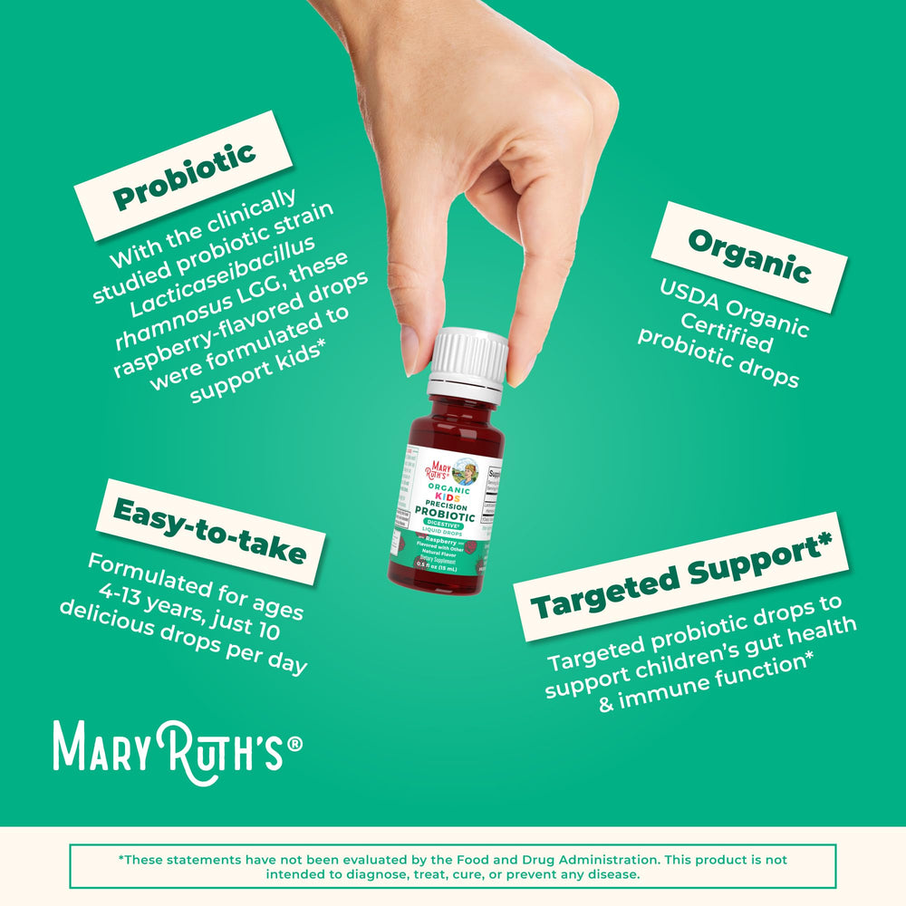 MaryRuth Organics Kids Probiotic usage tips with bottle and dropper.
