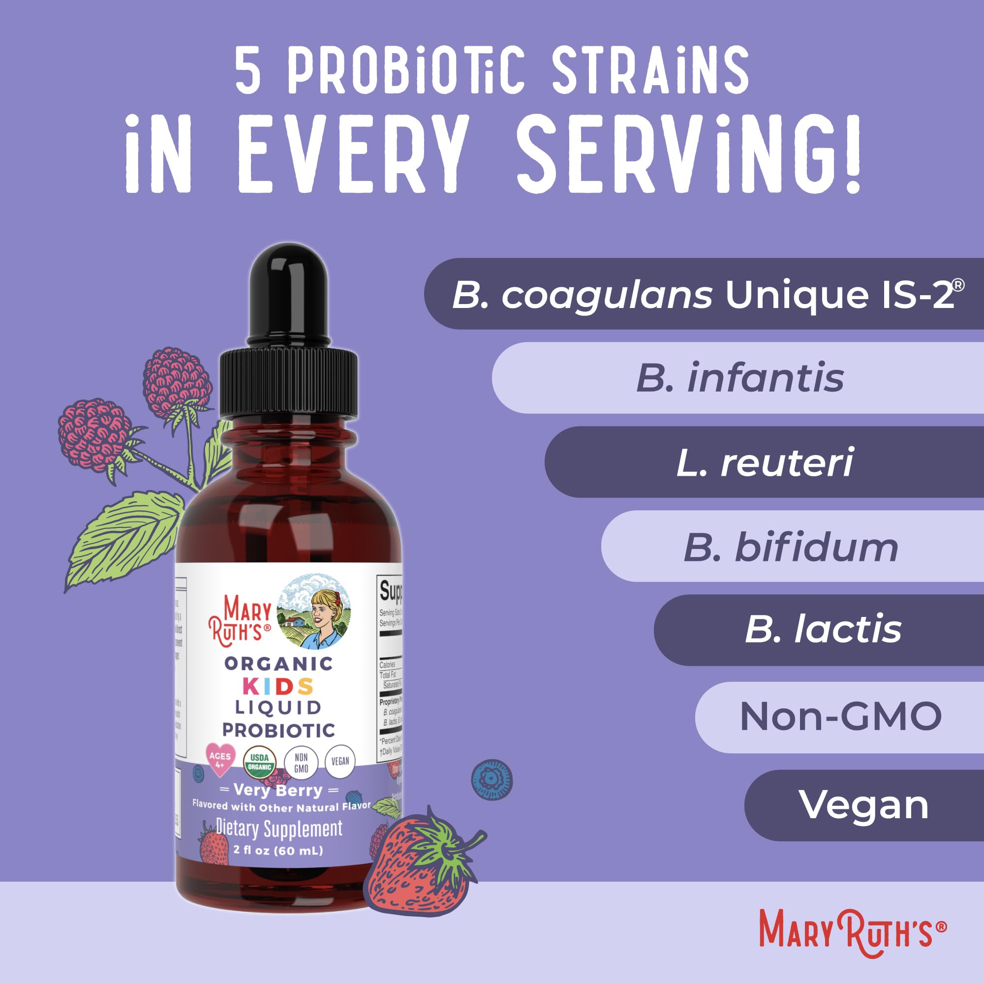 MaryRuth Organics Kids Very Berry Liquid Probiotic flavor hints appeal to kids