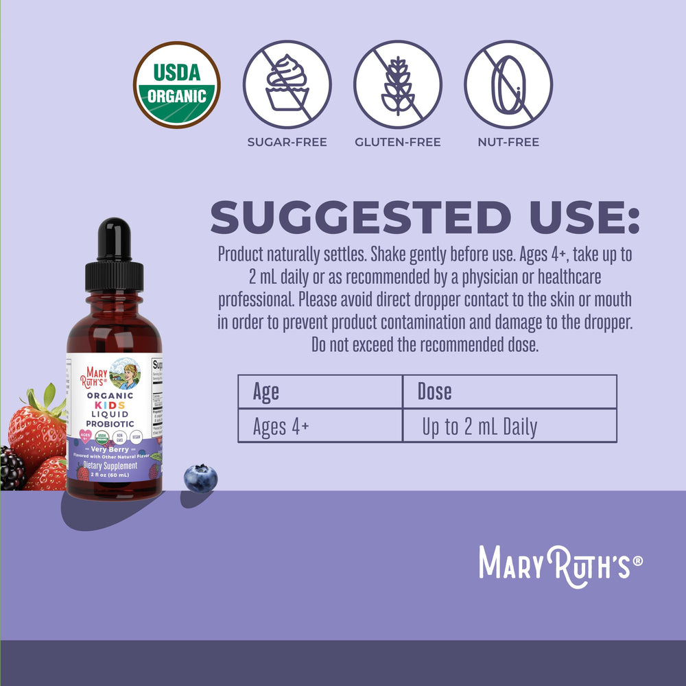 MaryRuth Organics Kids Very Berry Liquid Probiotic label helps you check ingredients at a glance