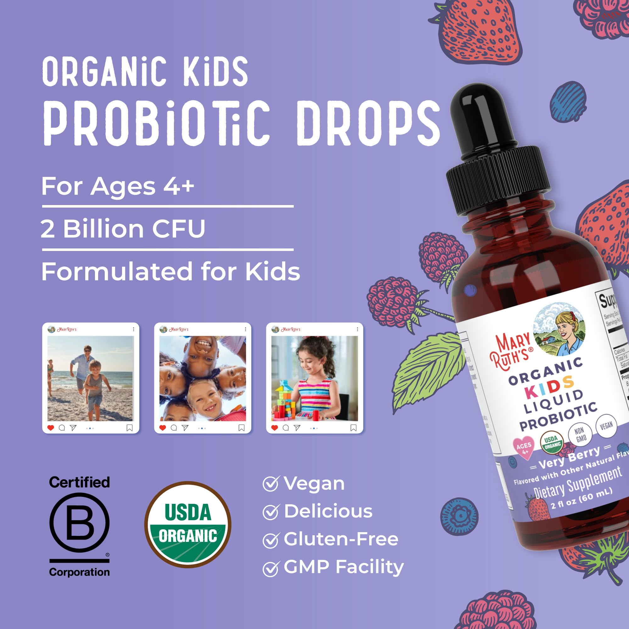 MaryRuth Organics Kids Very Berry Liquid Probiotic nutrition panel aids informed choices