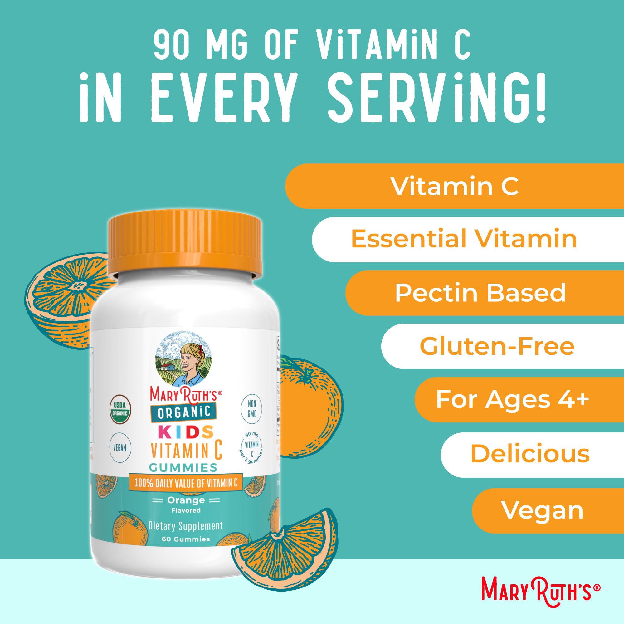 MaryRuth Organics Kids Vitamin C gummies non-GMO label highlighting trusted ingredients.
