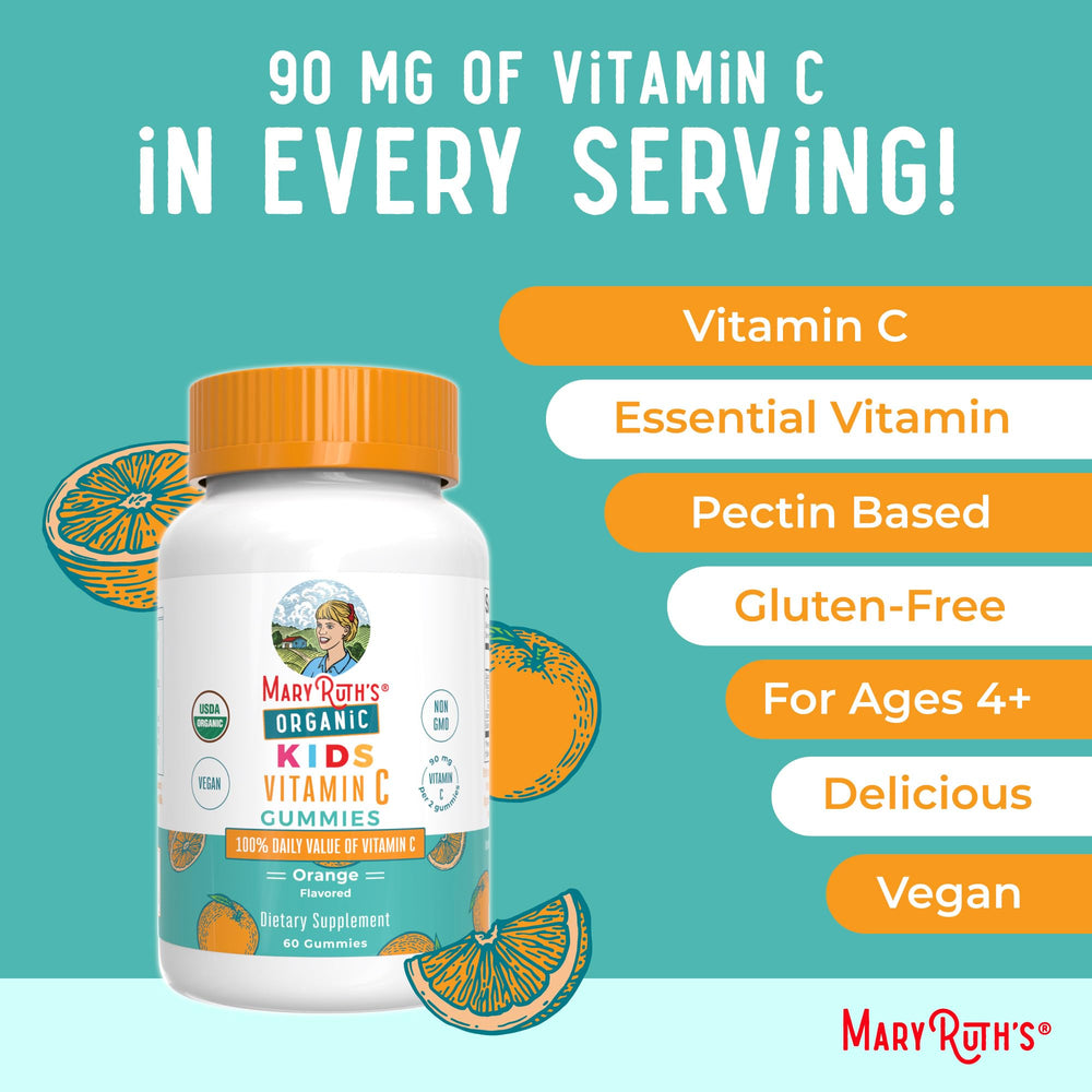 MaryRuth Organics Kids Vitamin C gummies non-GMO label highlighting trusted ingredients.