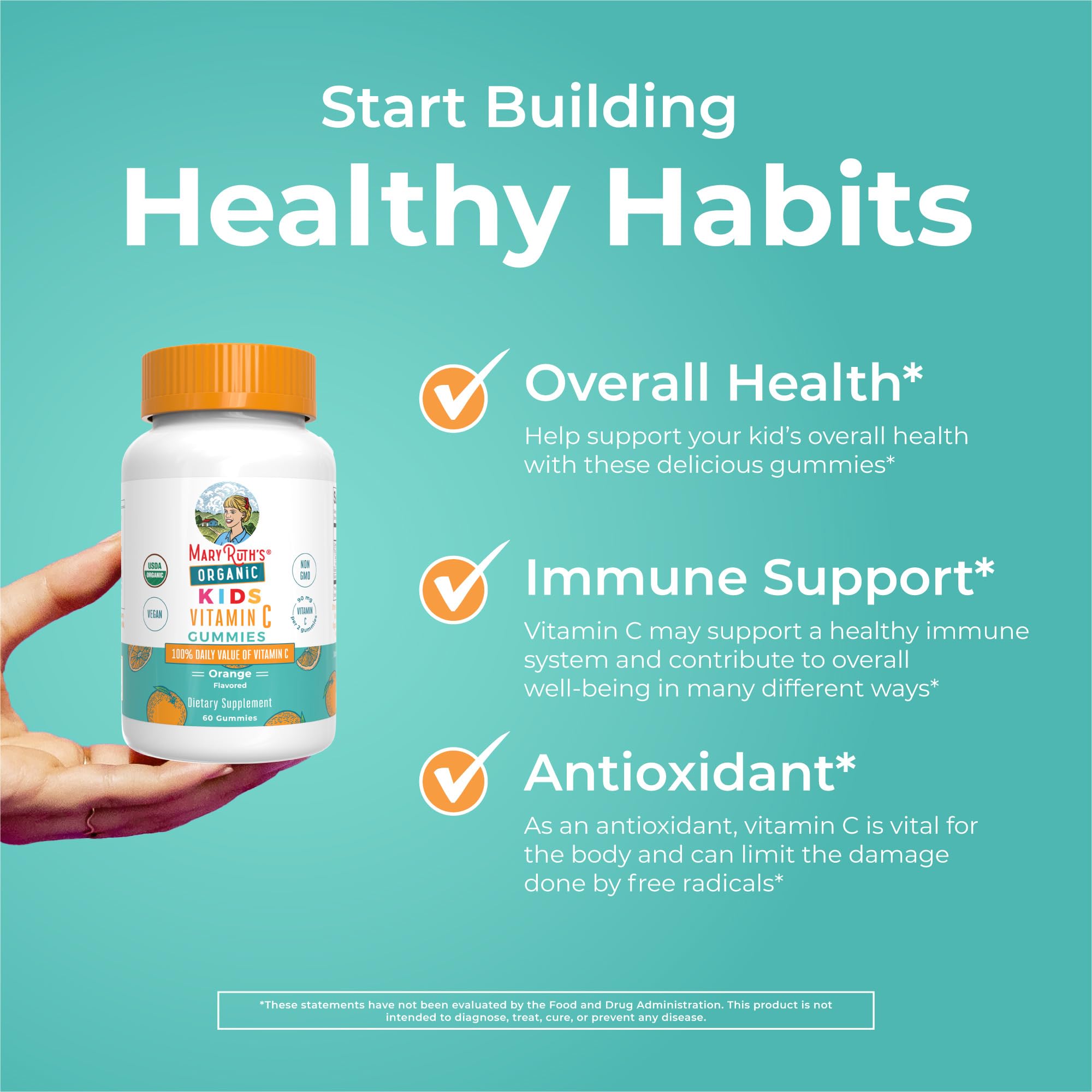 MaryRuth Organics Kids Vitamin C gummies USDA Organic label on bottle endorsing natural sourcing.