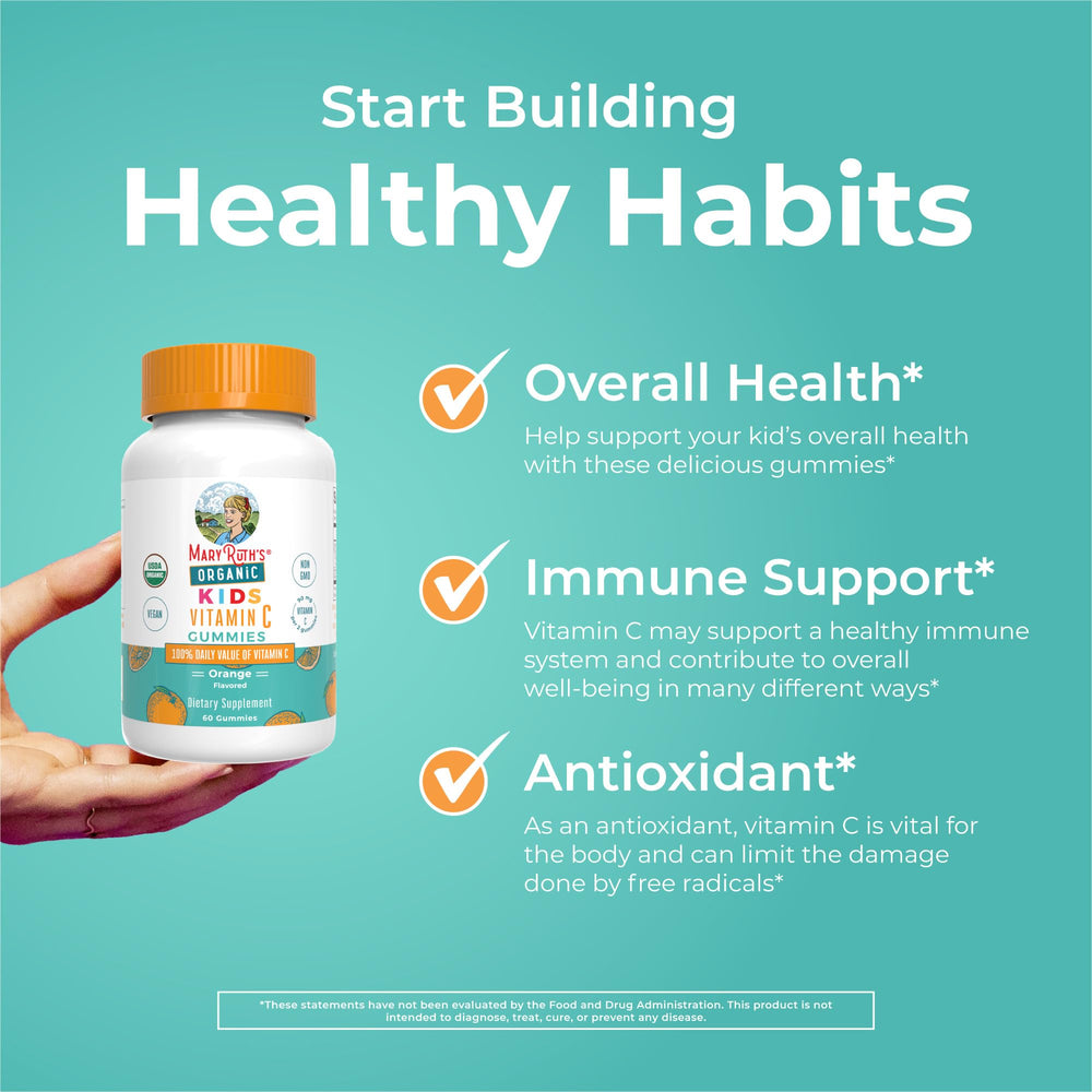 MaryRuth Organics Kids Vitamin C gummies USDA Organic label on bottle endorsing natural sourcing.