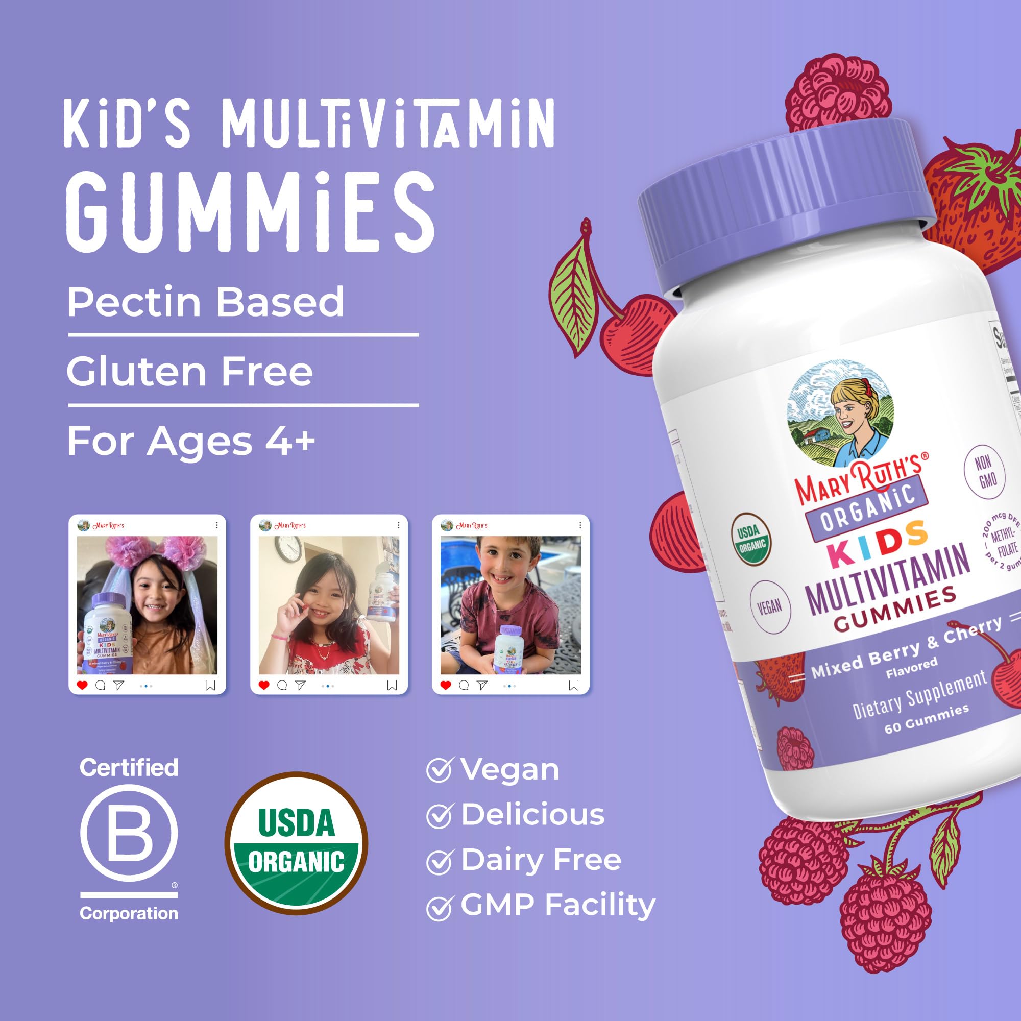MaryRuth Organics berry-flavored gummies shown with kids enjoying.