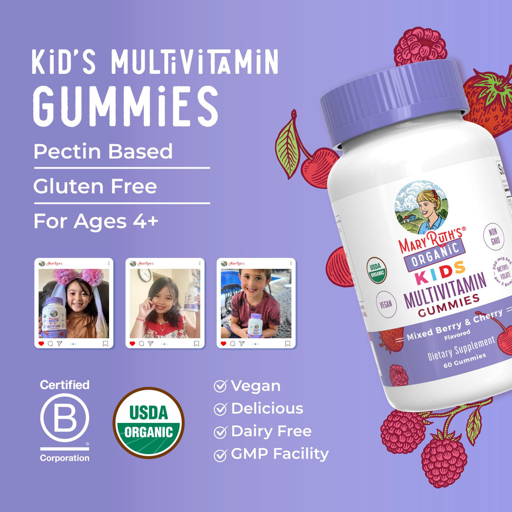 MaryRuth Organics berry-flavored gummies shown with kids enjoying.