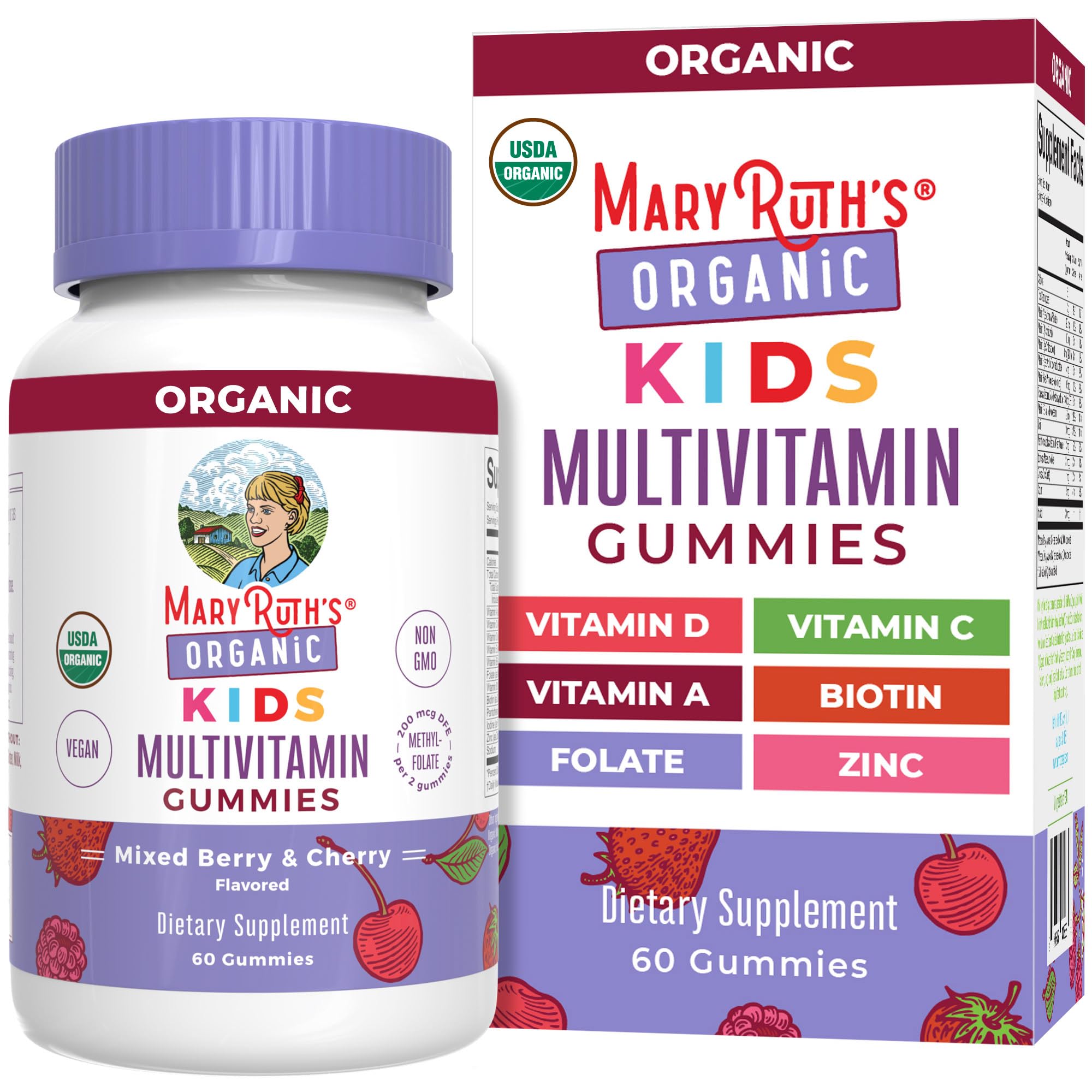MaryRuth Organics Kids Multivitamin Gummies berry packaging for daily immune support.