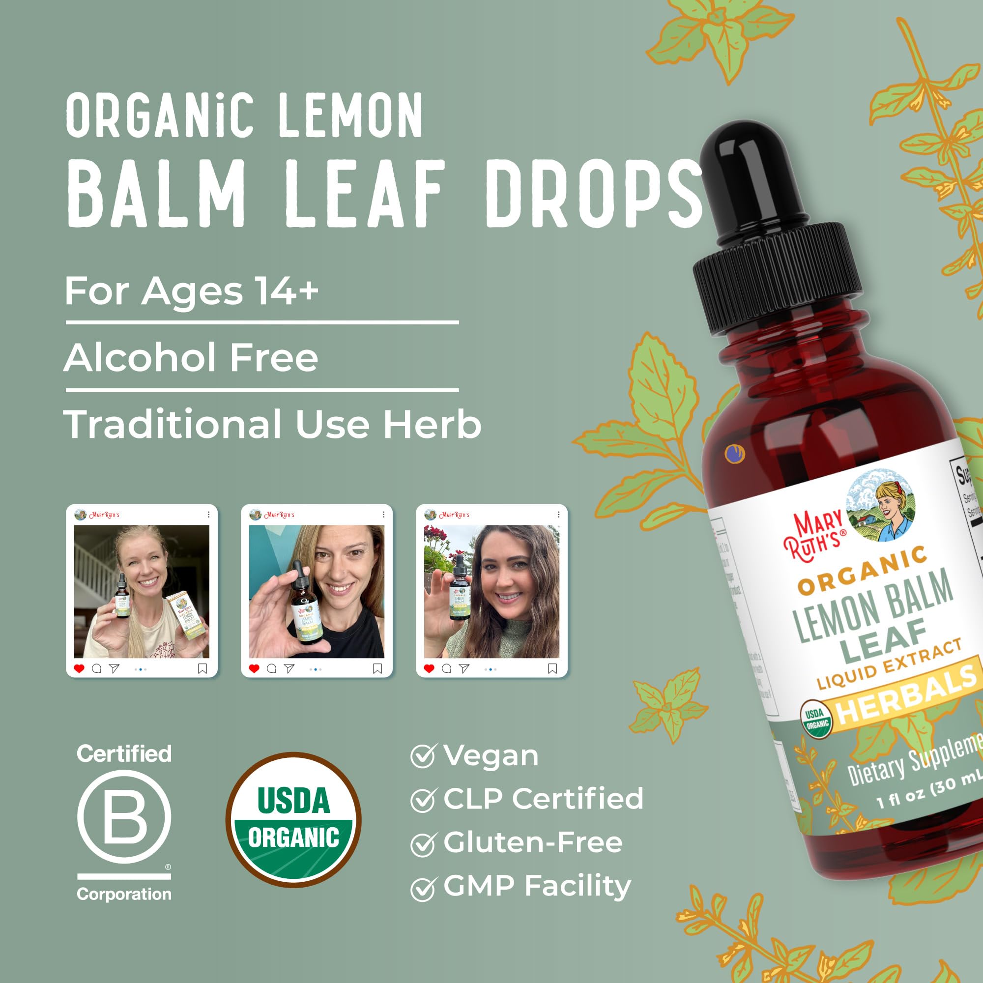 Alcohol-free MaryRuth Organics Lemon Balm Leaf Liquid Extract in use