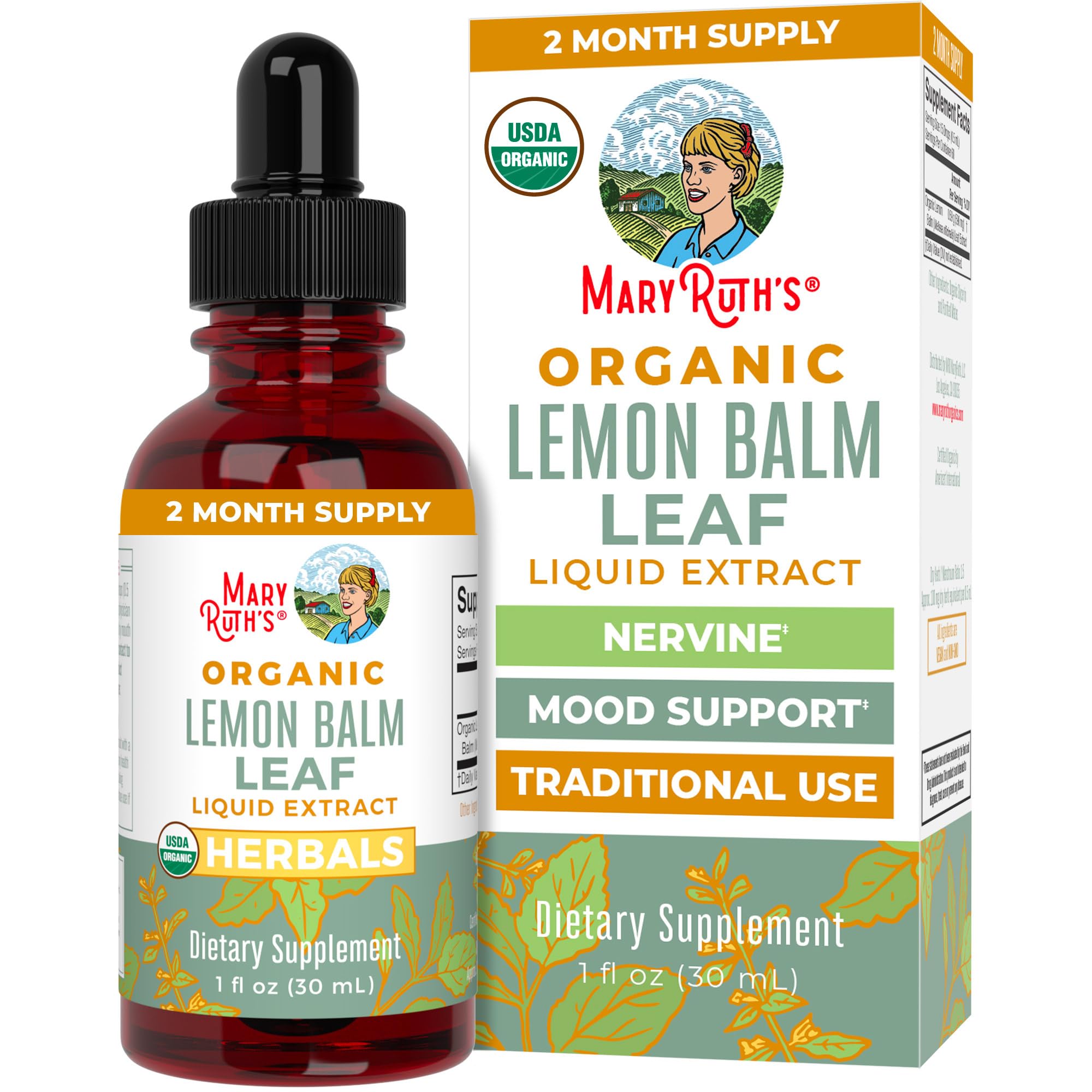 MaryRuth Organics Lemon Balm Leaf Liquid Extract bottle pour for easy relaxation moments