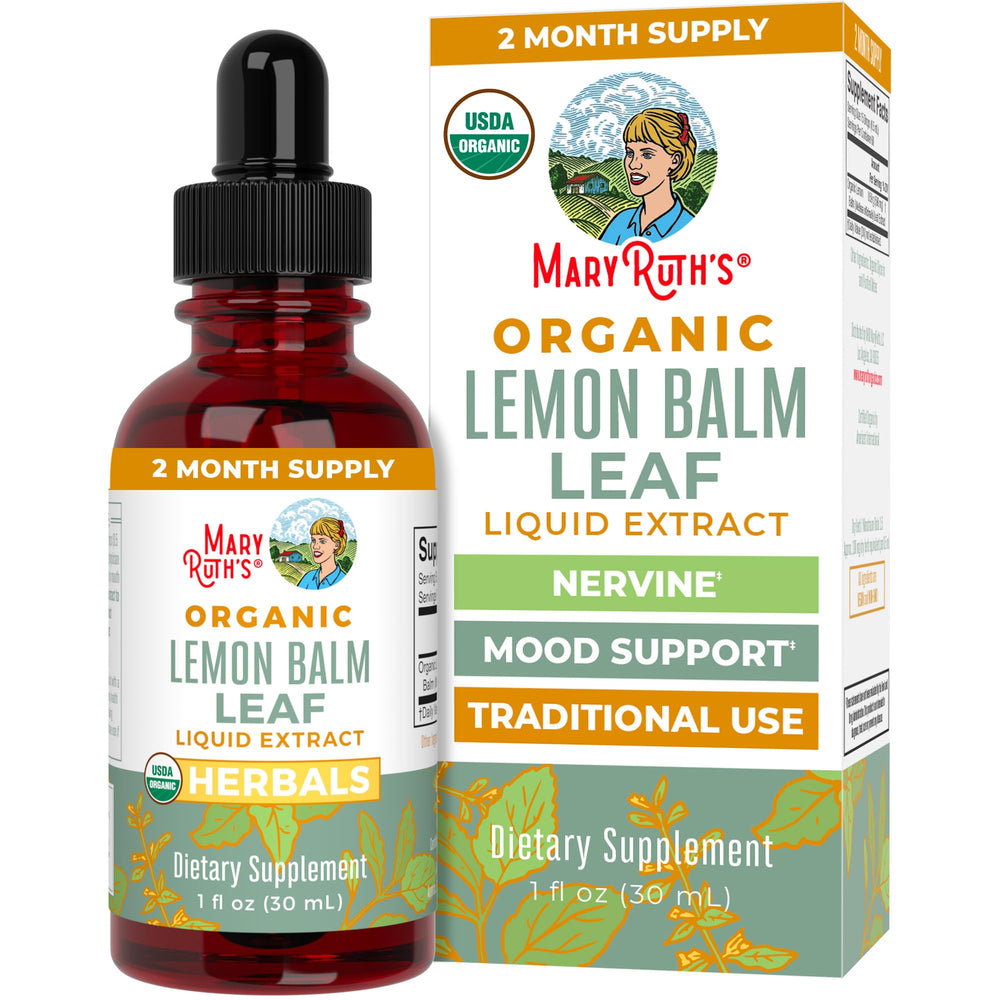 MaryRuth Organics Lemon Balm Leaf Liquid Extract bottle pour for easy relaxation moments