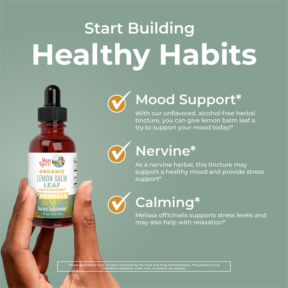 Side view of MaryRuth Organics Lemon Balm Leaf Liquid Extract bottle for clean-label focus