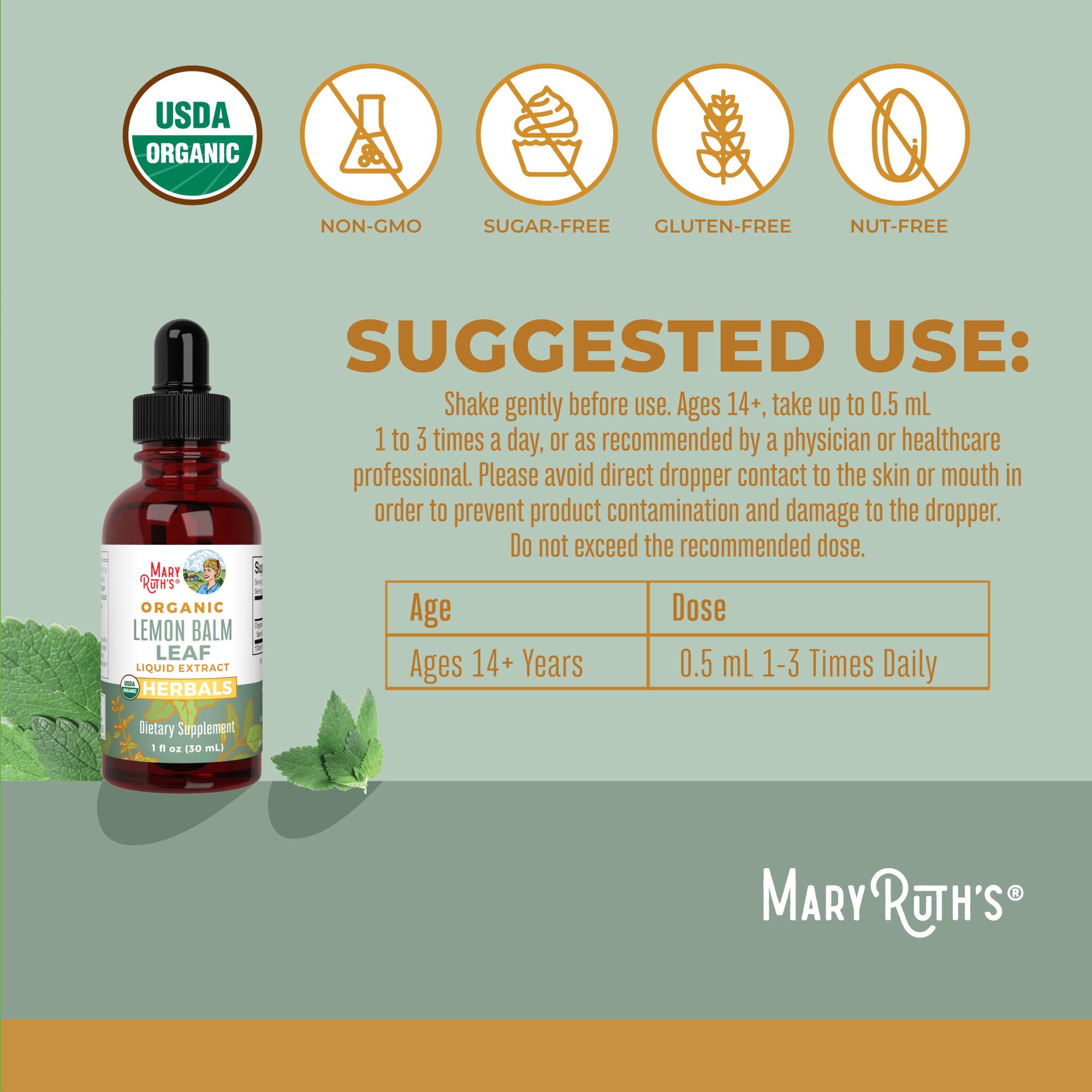 MaryRuth Organics Lemon Balm Leaf Liquid Extract dropper in use for convenient daily calming