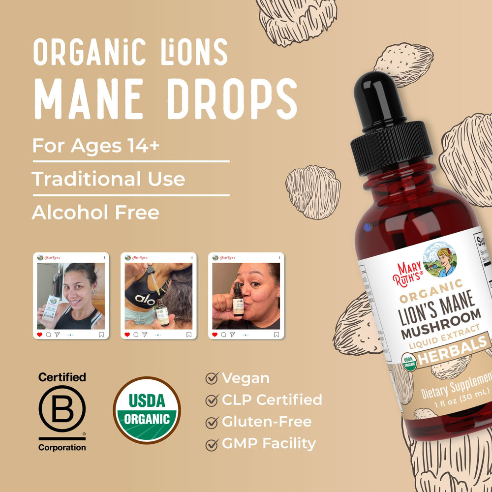 MaryRuth Organics Lions Mane 60-serving bottle ready for daily use