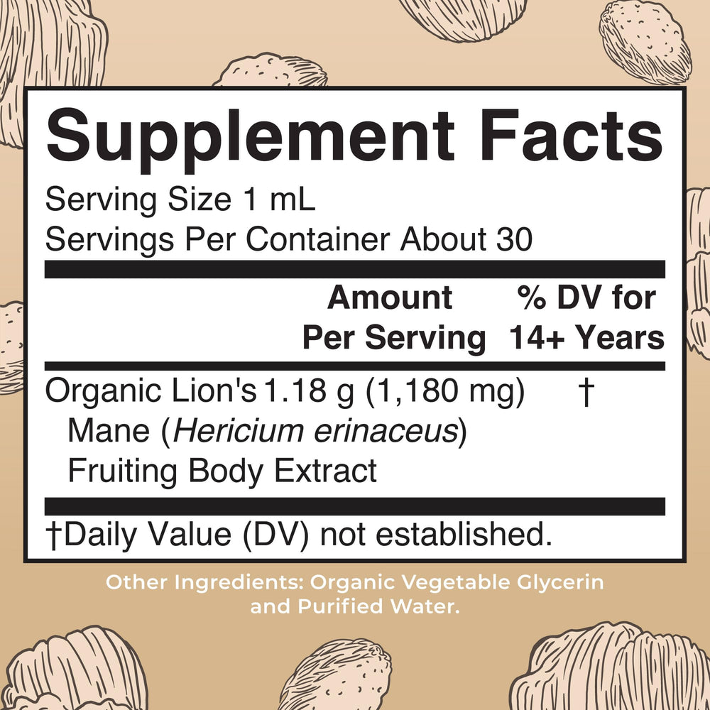 MaryRuth Organics Lions Mane bottle back highlights certifications and ingredients
