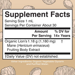 MaryRuth Organics Lions Mane bottle back highlights certifications and ingredients