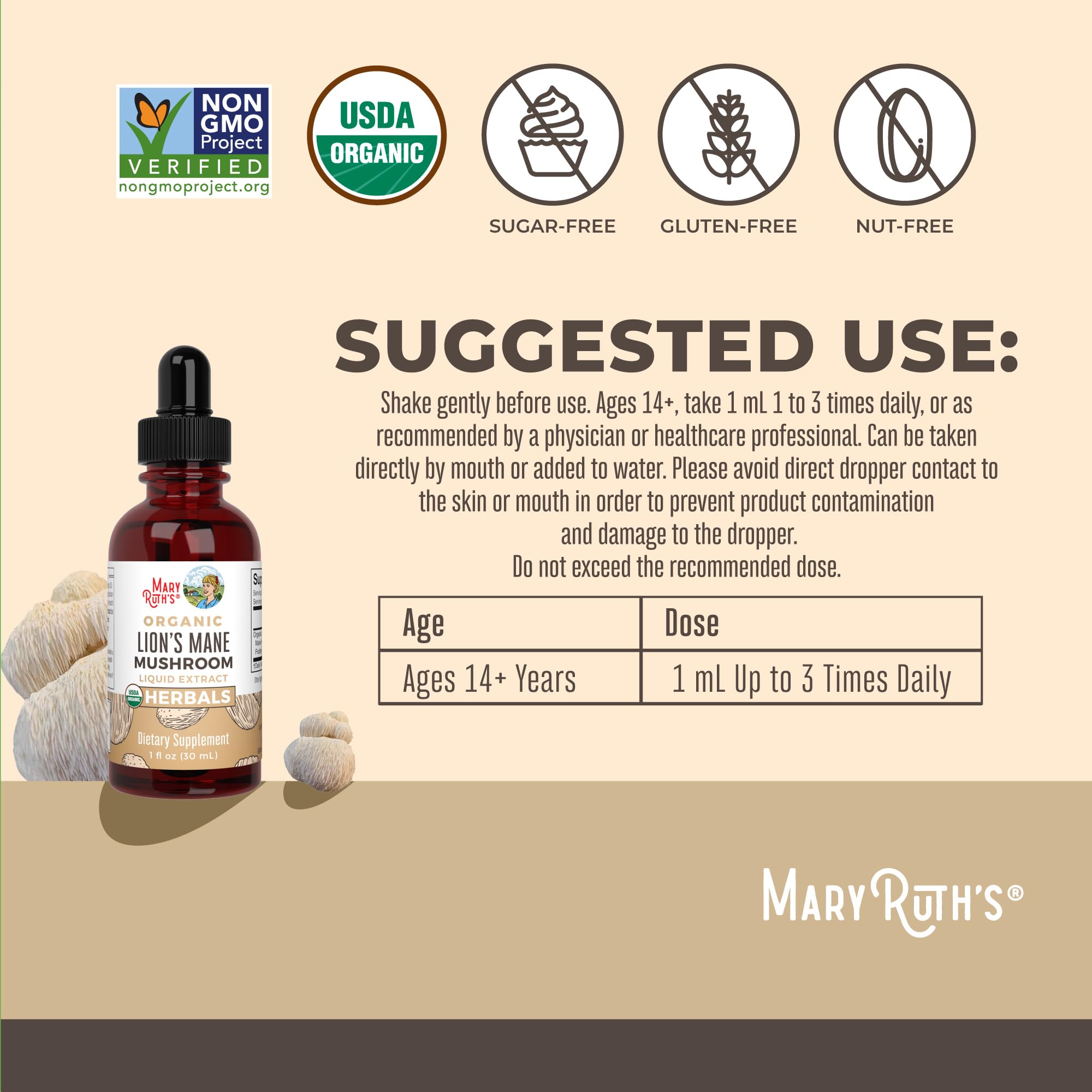 MaryRuth Organics Lions Mane drops pouring to show easy dosing
