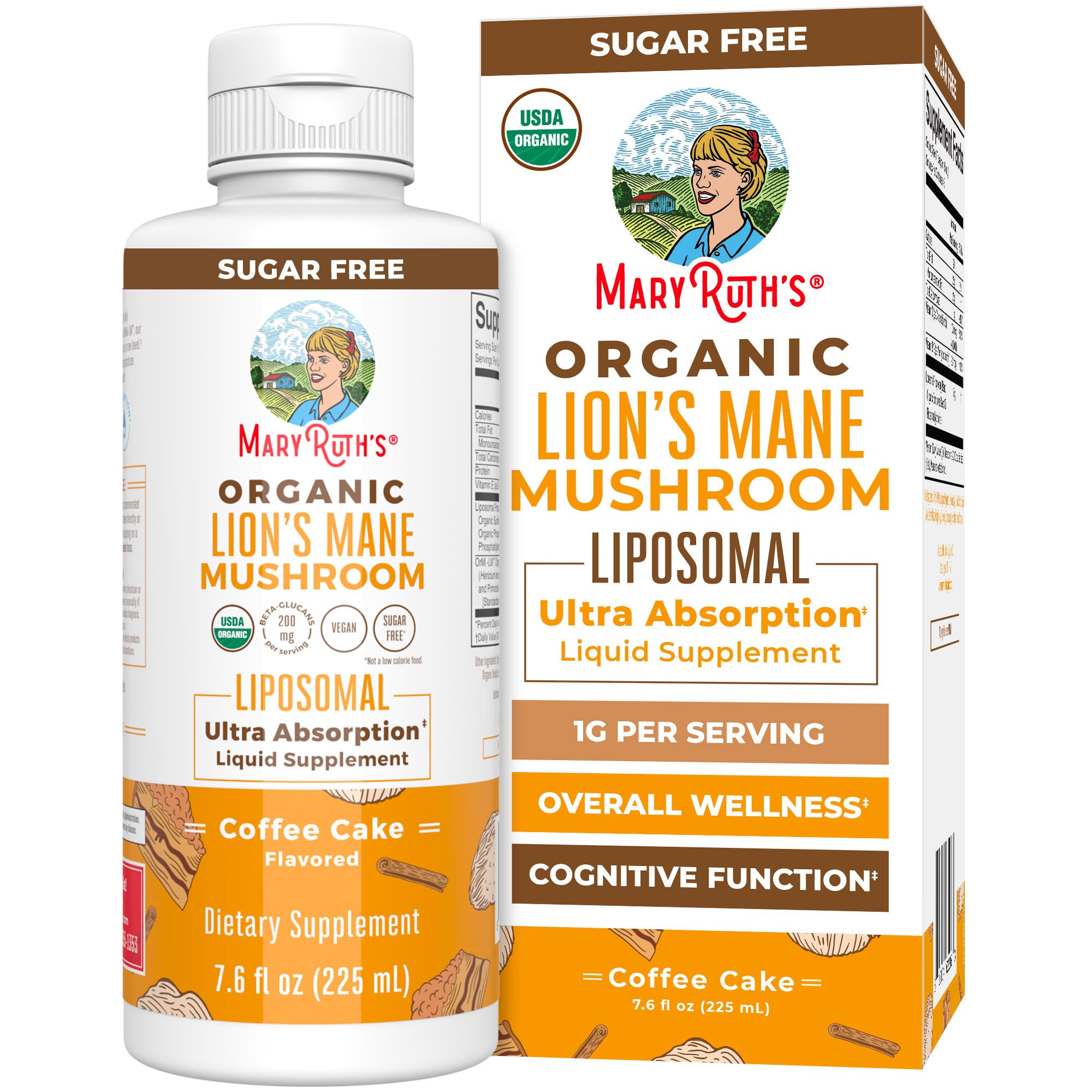 MaryRuth Organics Lions Mane bottle for daily vegan, organic supplementation.