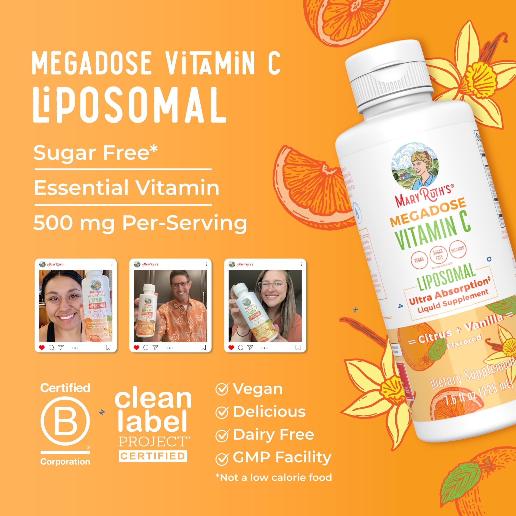 MaryRuth Organics liposomal vitamin C packaging with GMP badge