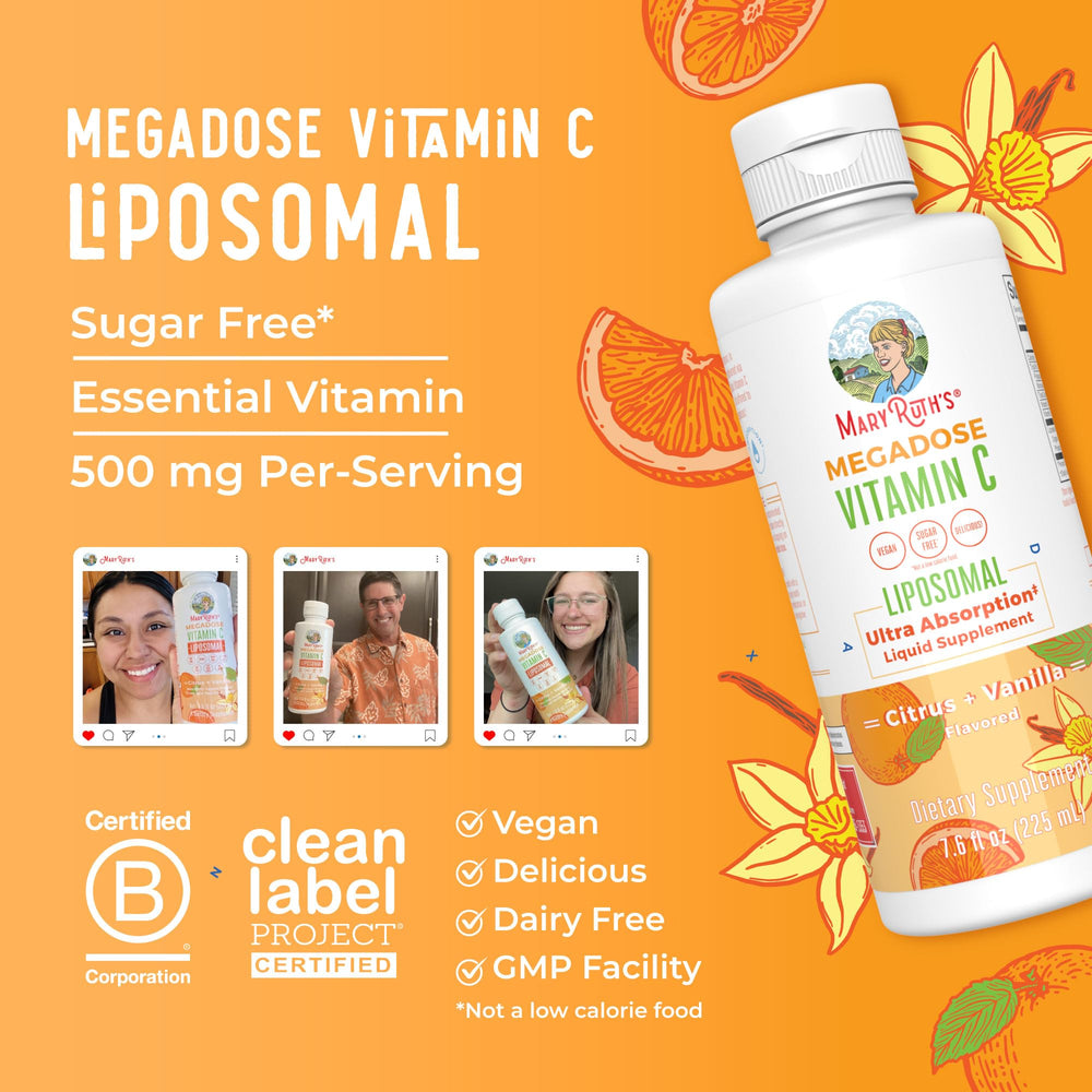MaryRuth Organics liposomal vitamin C packaging with GMP badge