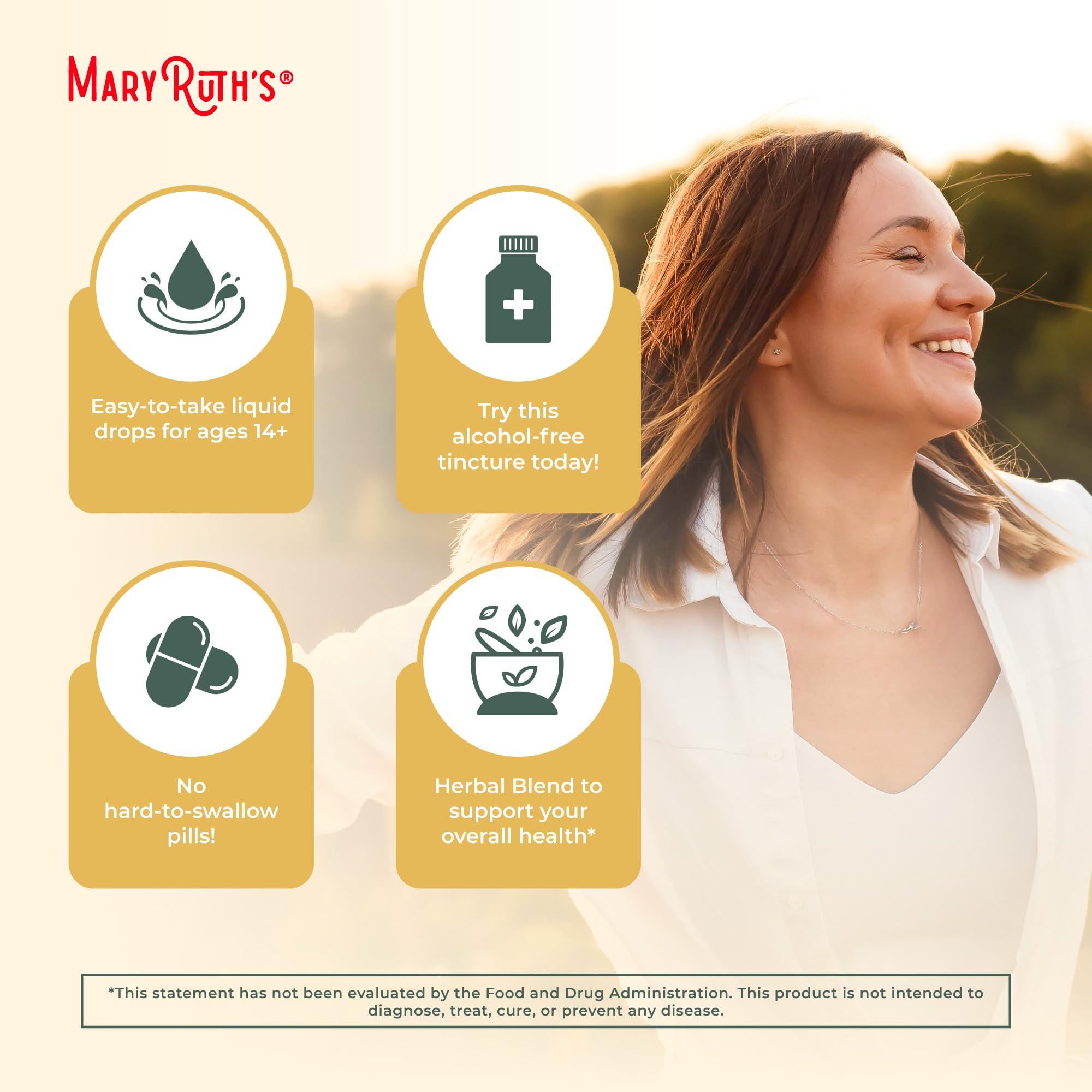MaryRuth Organics liquid drops pour illustration emphasizes easy daily use