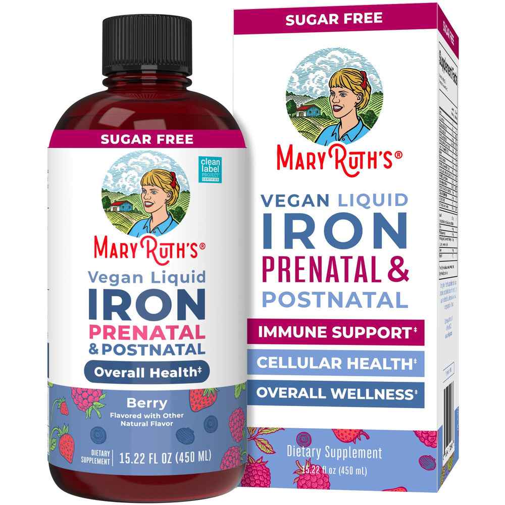 MaryRuth Organics liquid iron bottle pour shows easy daily dosing.