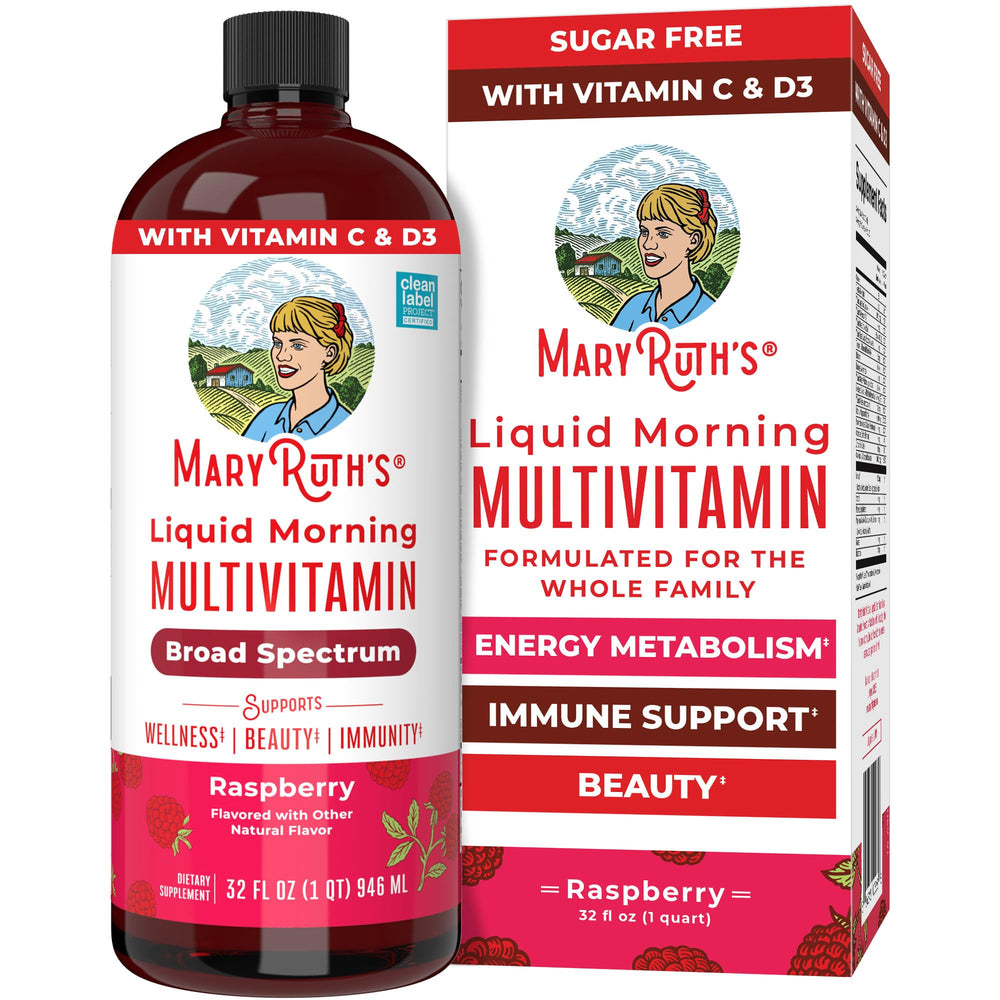 MaryRuth Organics liquid morning multivitamin bottle for daily use with raspberry flavor.
