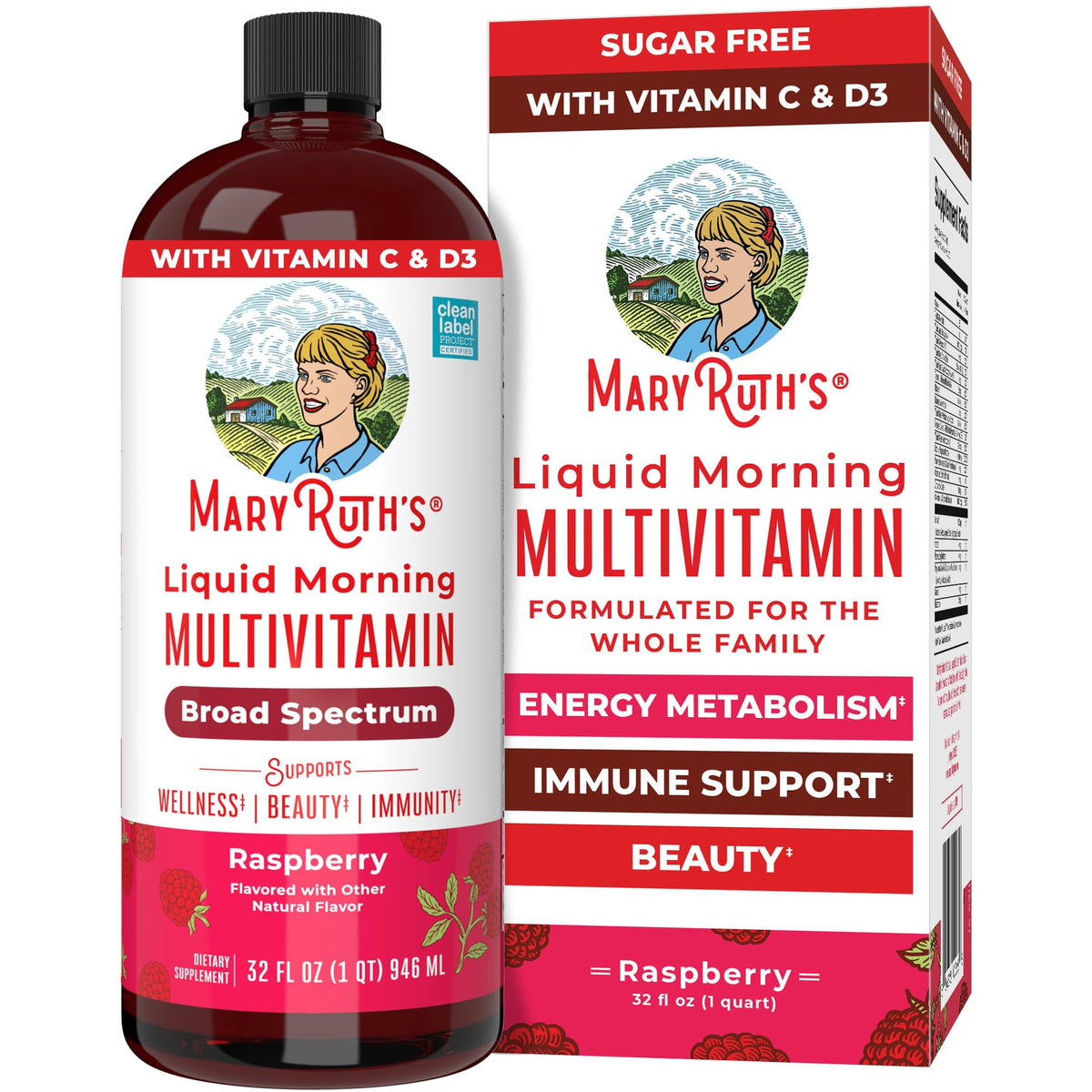 MaryRuth Organics liquid morning multivitamin bottle for daily use with raspberry flavor.