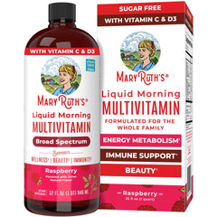 MaryRuth Organics liquid morning multivitamin bottle for daily use with raspberry flavor.